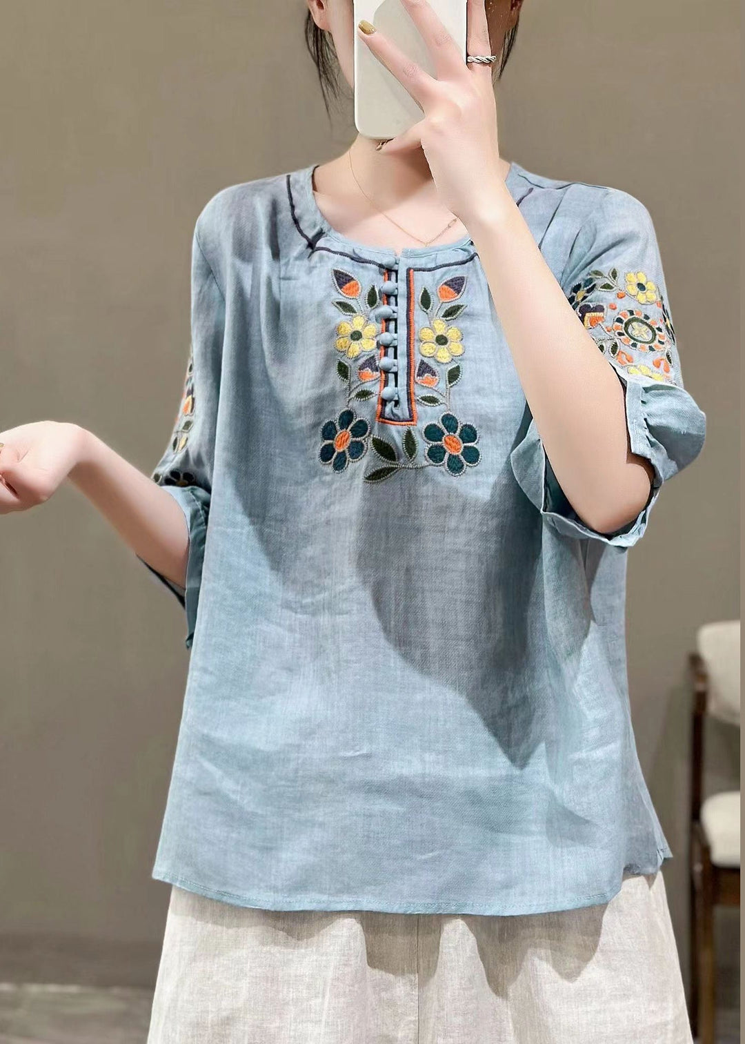 Loose Green O Neck Embroideried Patchwork Cotton T Shirt Half Sleeve