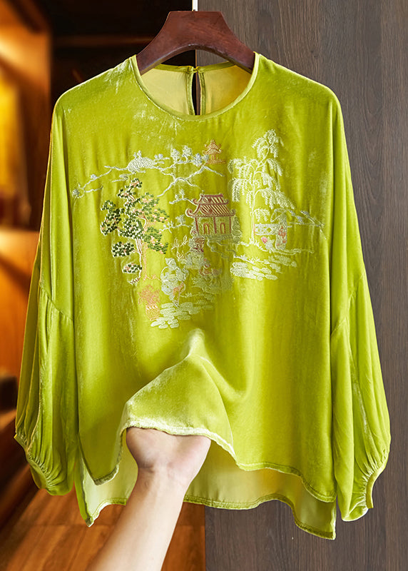 Loose Green O Neck Embroideried Silk Velour Top Long Sleeve