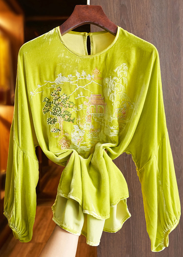 Loose Green O Neck Embroideried Silk Velour Top Long Sleeve