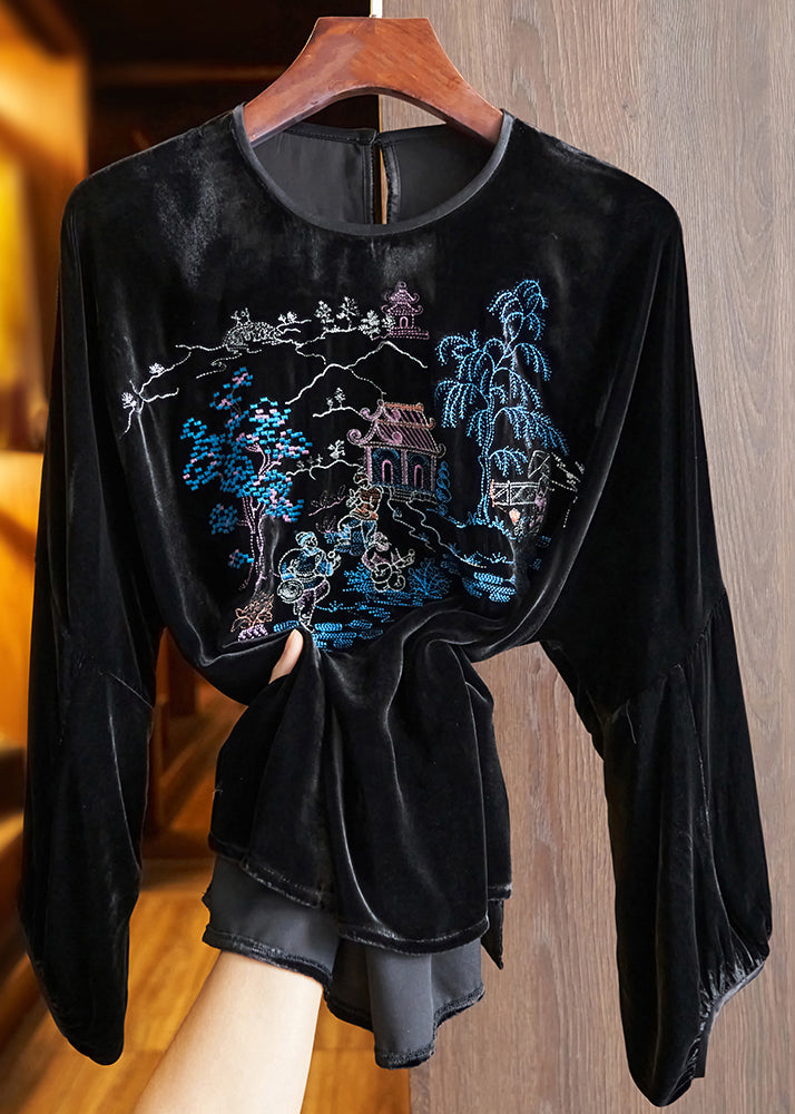 Loose Green O Neck Embroideried Silk Velour Top Long Sleeve