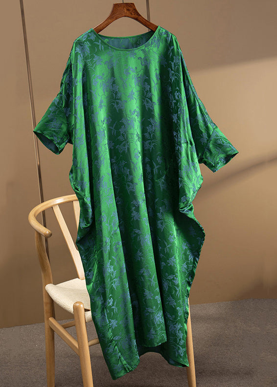 Loose Green O Neck Jacquard Patchwork Silk Dress Half Sleeve