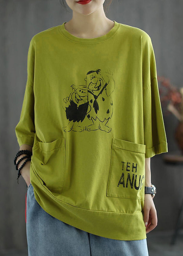 Loose Green O Neck Print Pockets Cotton T Shirt Half Sleeve