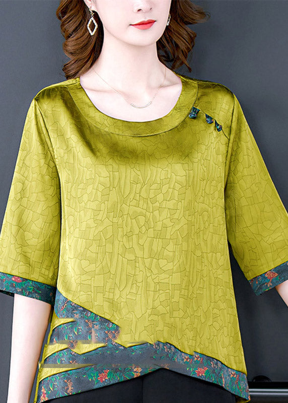 Loose Green O-Neck Print Silk Top Half Sleeve