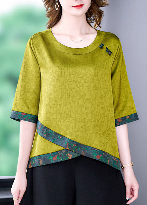 Loose Green O-Neck Print Silk Top Half Sleeve