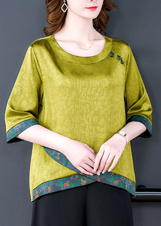 Loose Green O-Neck Print Silk Top Half Sleeve