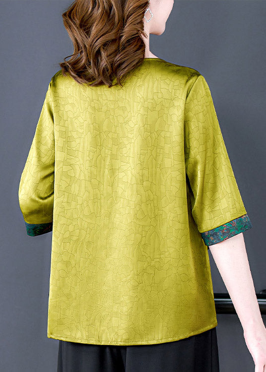 Loose Green O-Neck Print Silk Top Half Sleeve