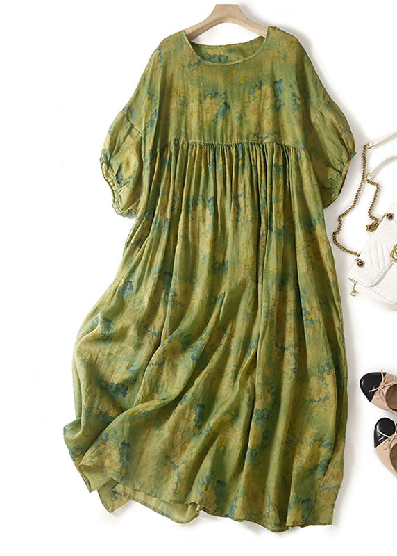 Loose Green O Neck Print Wrinkled Patchwork Linen Dress Summer