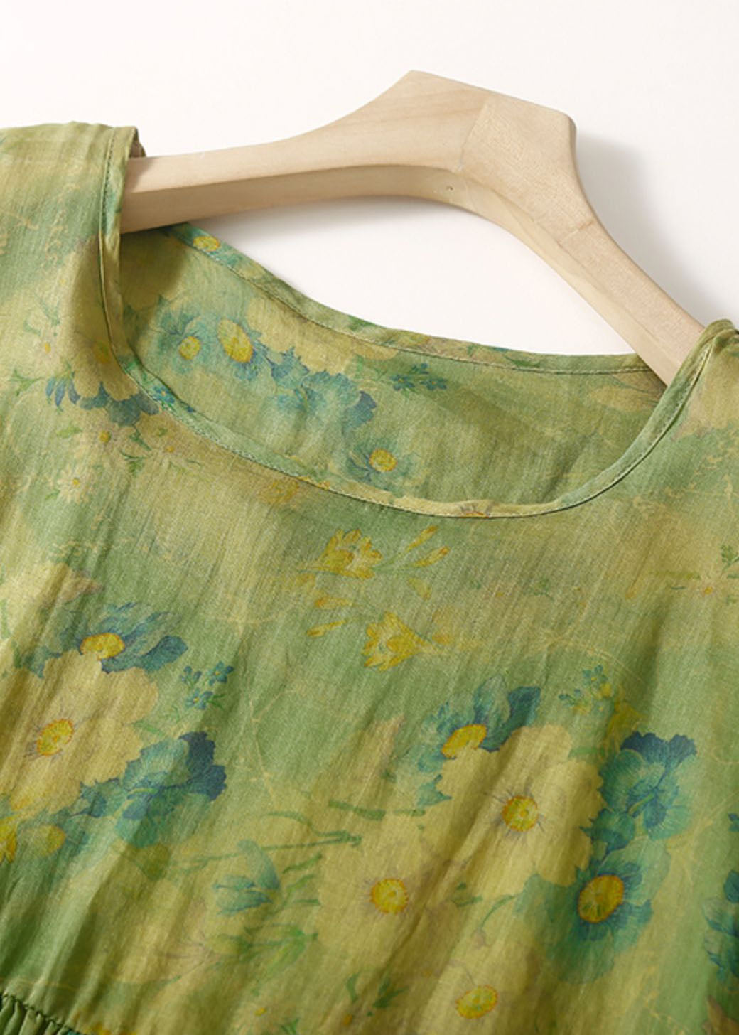 Loose Green O Neck Print Wrinkled Patchwork Linen Dress Summer