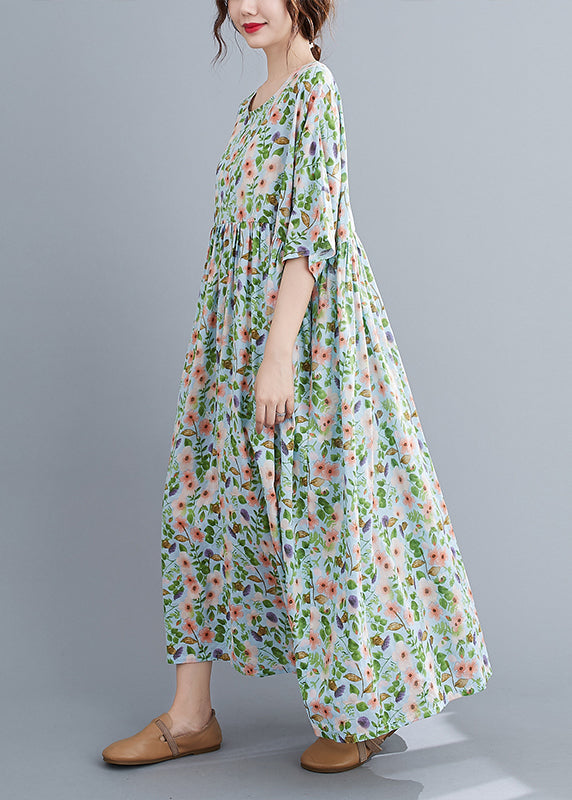 Loose Green O-Neck wrinkled Print Long Dress Short Sleeve