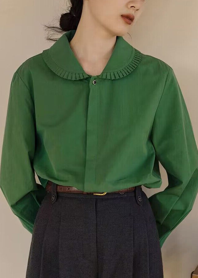 Loose Green Peter Pan Collar Button Patchwork Cotton Blouses Fall