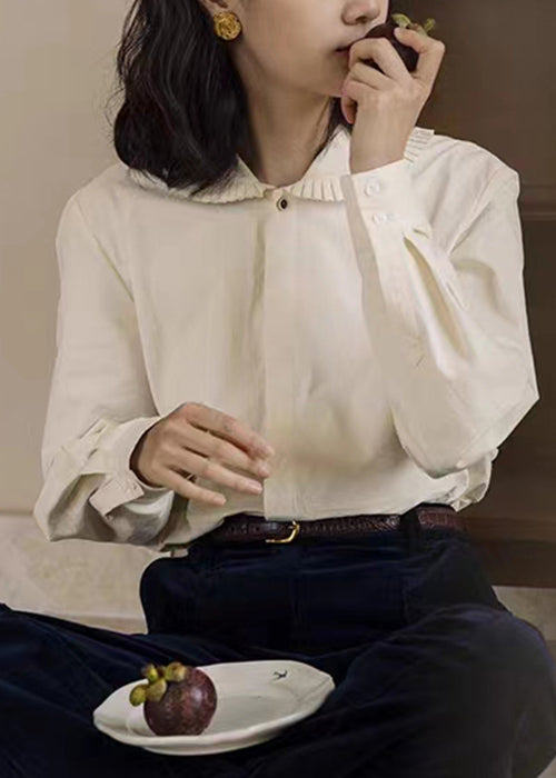 Loose Green Peter Pan Collar Button Patchwork Cotton Blouses Fall