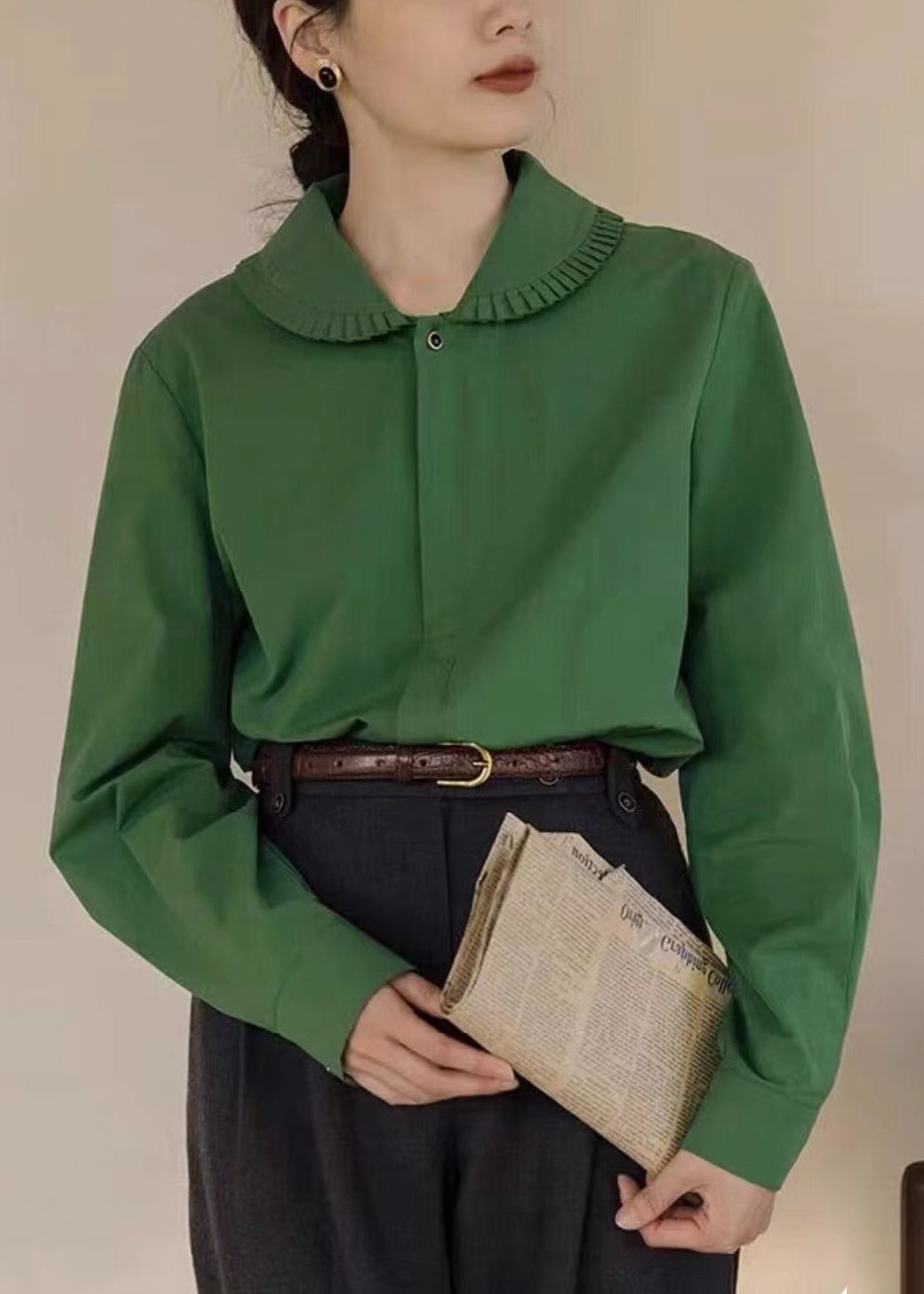 Loose Green Peter Pan Collar Button Patchwork Cotton Blouses Fall