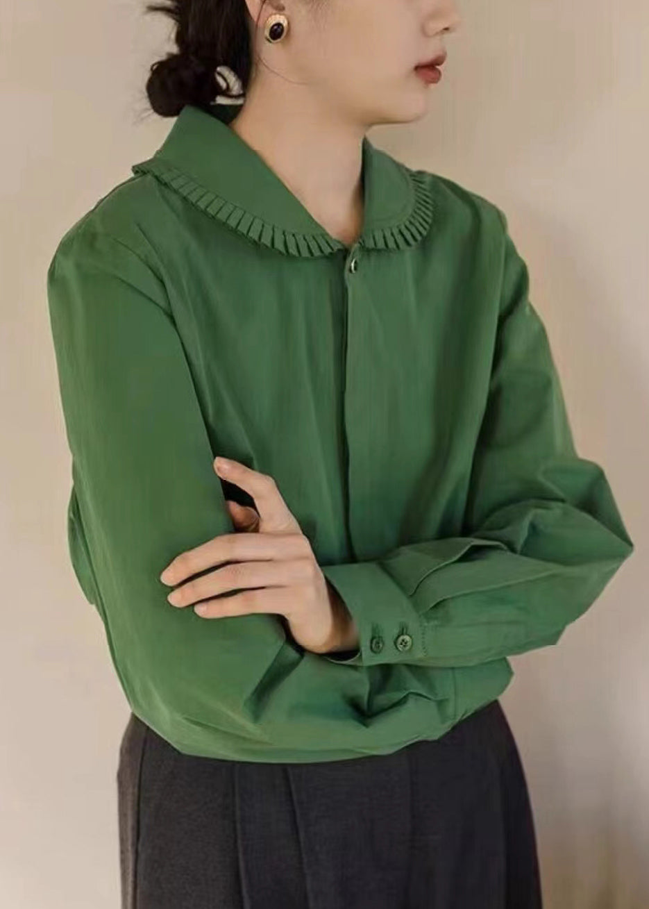 Loose Green Peter Pan Collar Button Patchwork Cotton Blouses Fall