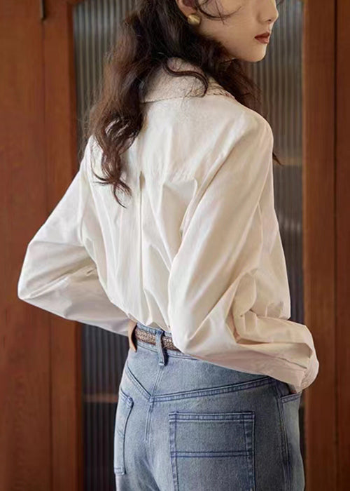 Loose Green Peter Pan Collar Button Patchwork Cotton Blouses Fall