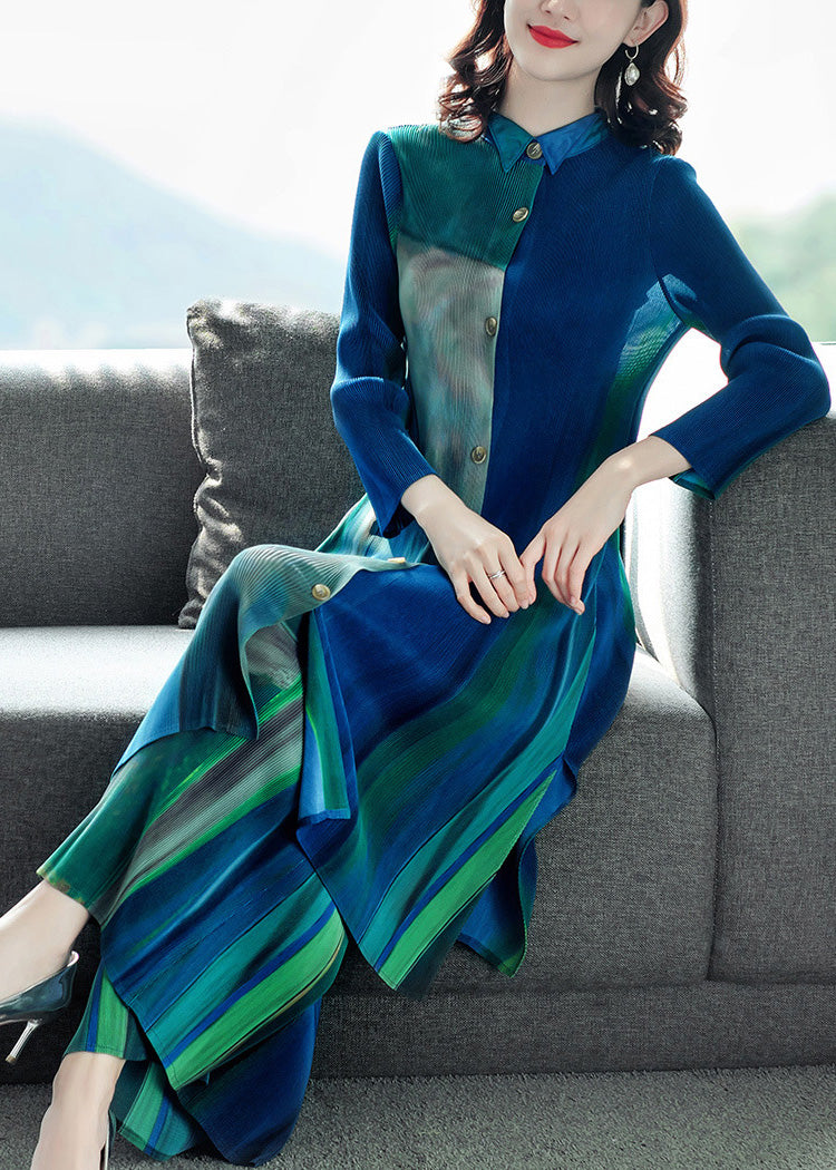 Loose Green Peter Pan Collar Striped Button Silk Shirts And Wide Leg Pants Two Piece Set Spring