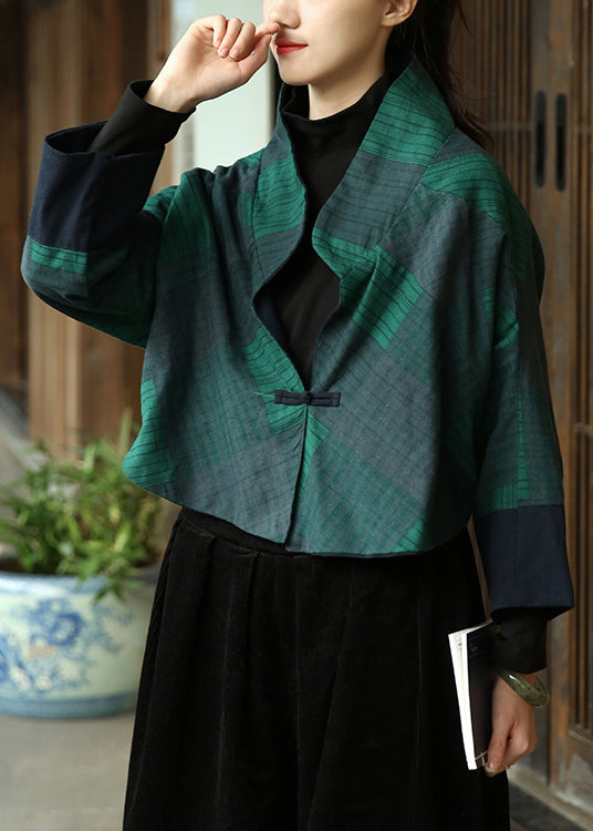 Loose Green Plaid Button Patchwork Cotton Coat Fall