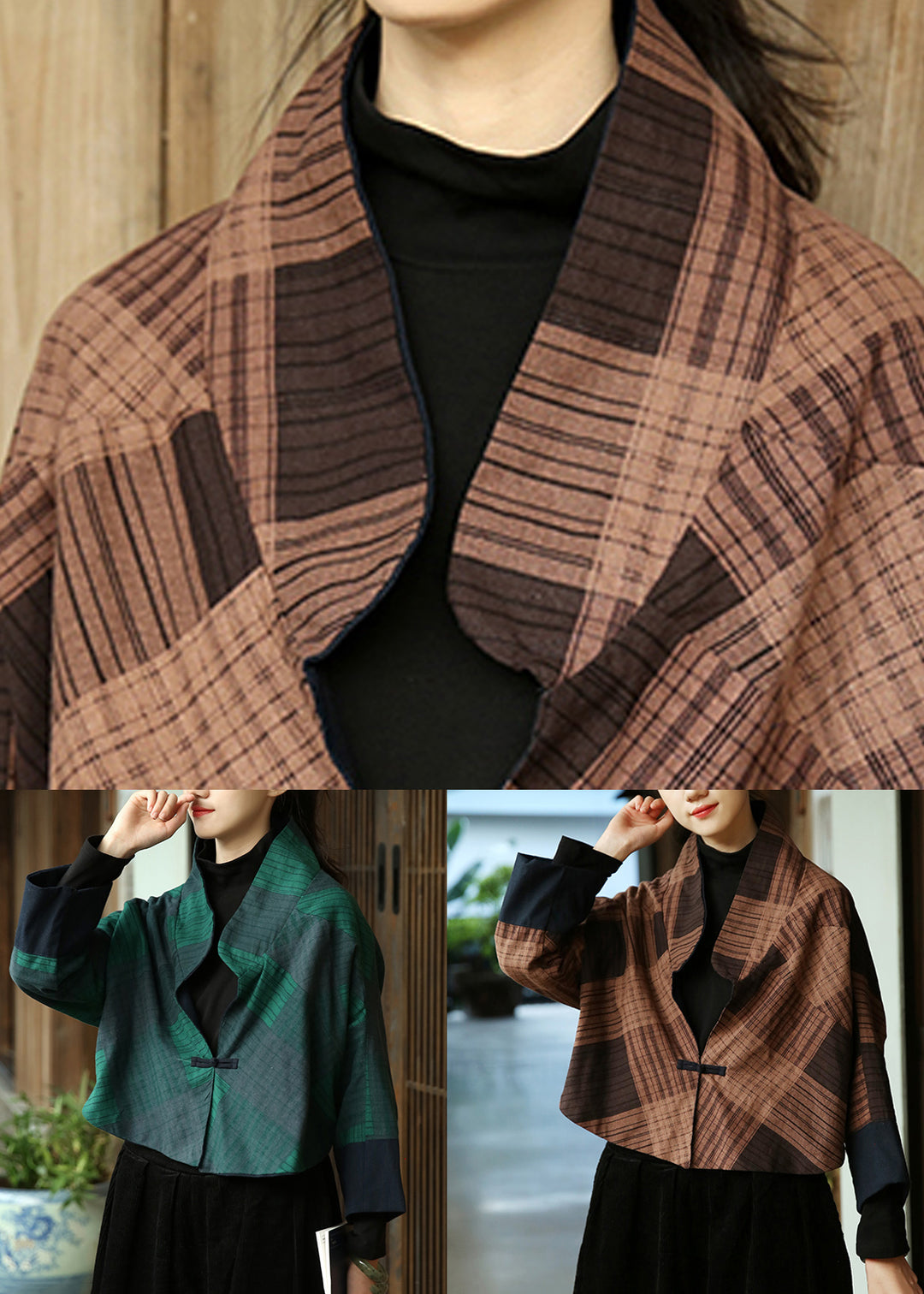 Loose Green Plaid Button Patchwork Cotton Coat Fall