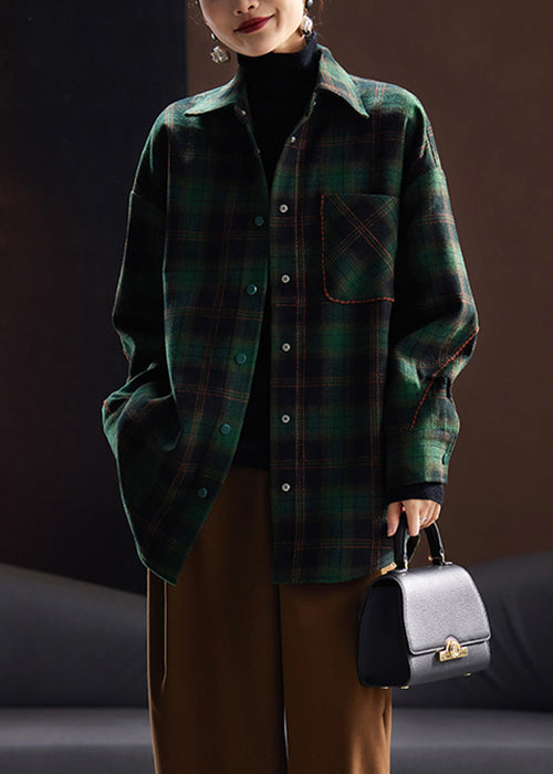 Loose Green Plaid Button Patchwork Woolen Shirt Spring