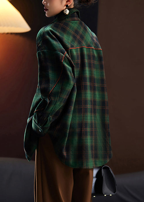 Loose Green Plaid Button Patchwork Woolen Shirt Spring