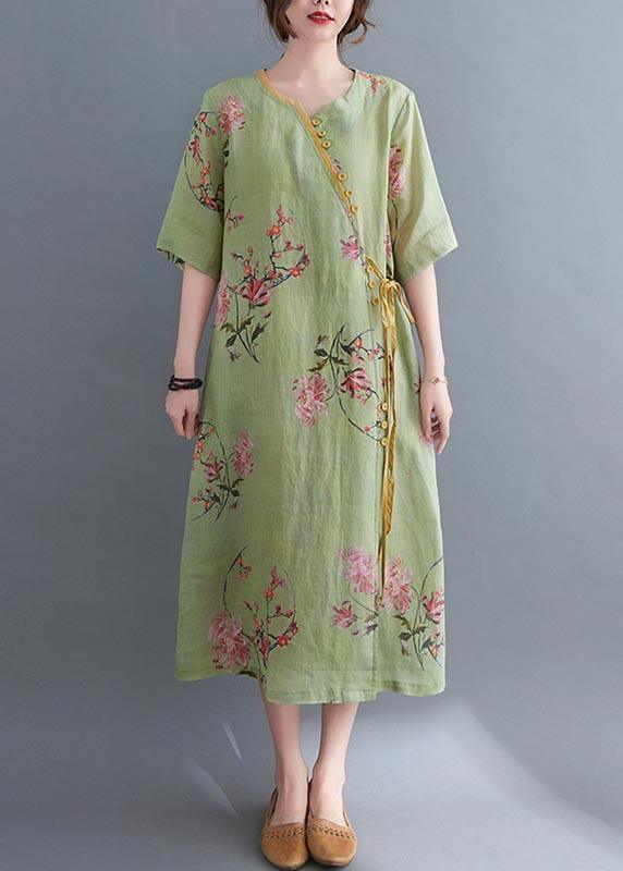 Loose Green Print Button Maxi Summer Cotton Dress - Omychic