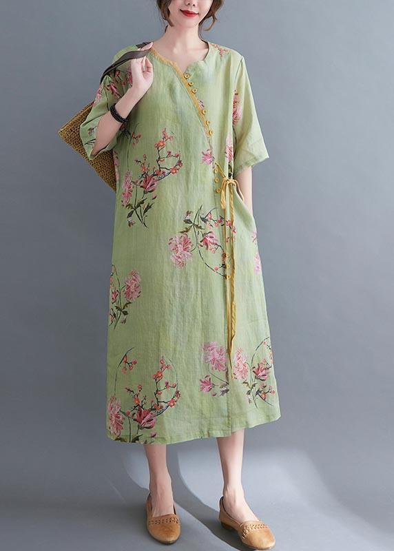 Loose Green Print Button Maxi Summer Cotton Dress - Omychic