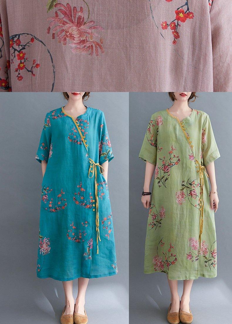 Loose Green Print Button Maxi Summer Cotton Dress - Omychic