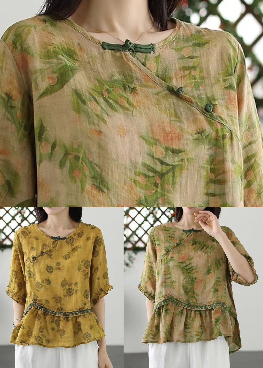 Loose Green Print Button Patchwork Cotton T Shirt Half Sleeve