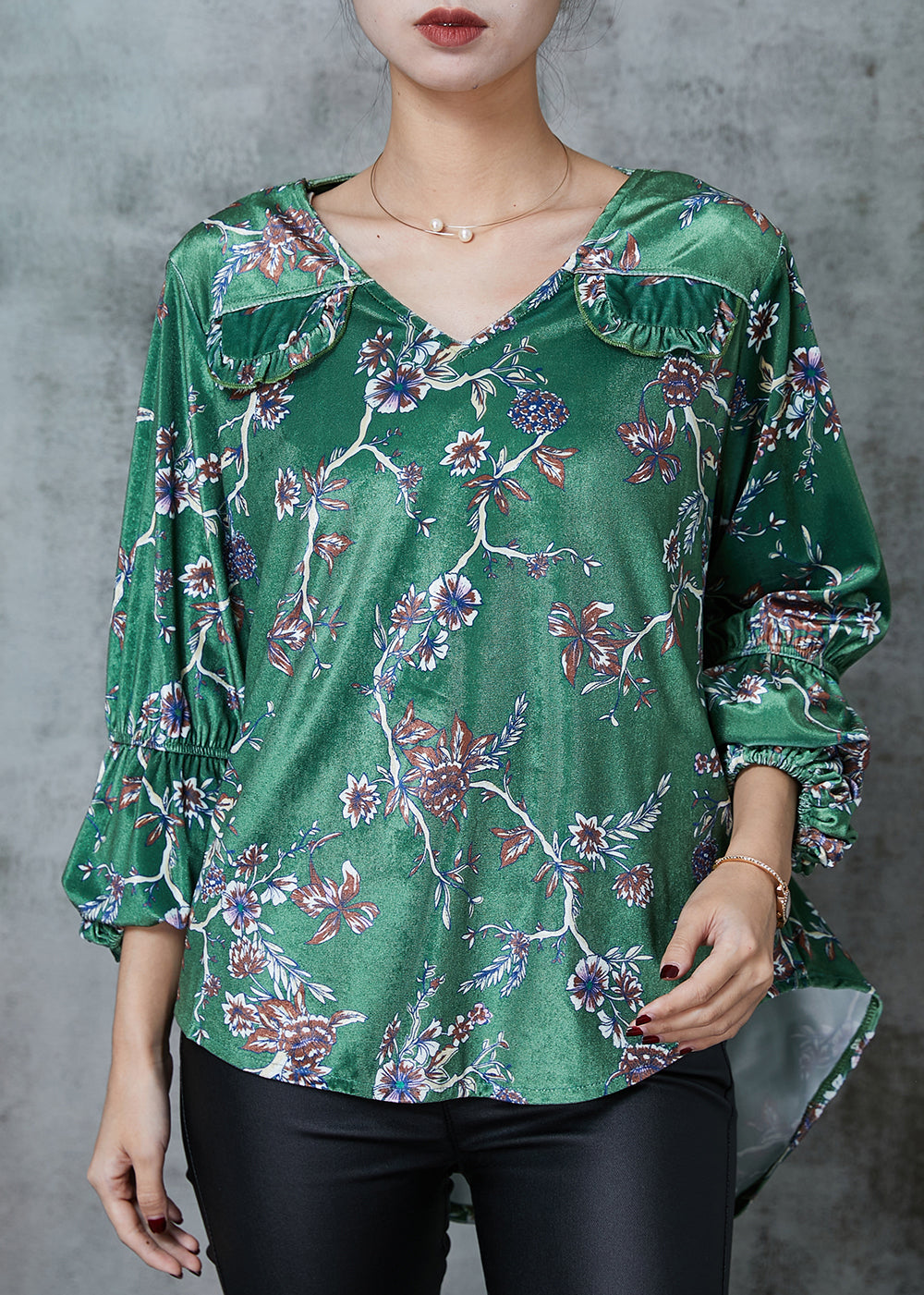 Loose Green Print Low High Design Silk Velour Shirt Spring