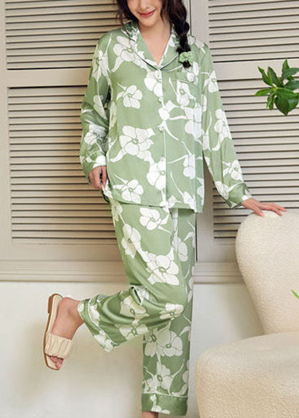 Loose Green Print Peter Pan Collar Ice Silk Pajamas Two Pieces Set Long Sleeve