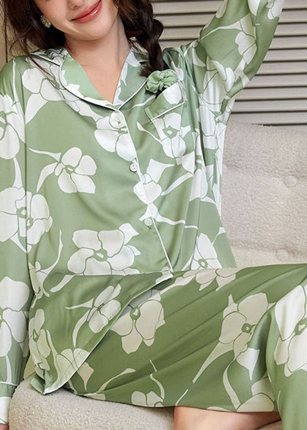 Loose Green Print Peter Pan Collar Ice Silk Pajamas Two Pieces Set Long Sleeve