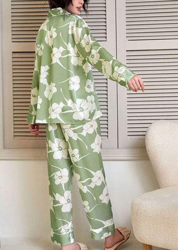 Loose Green Print Peter Pan Collar Ice Silk Pajamas Two Pieces Set Long Sleeve