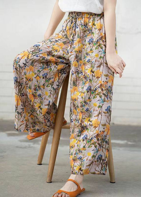 Loose Green Print Pockets Patchwork Cotton Wide Leg Pants Summer