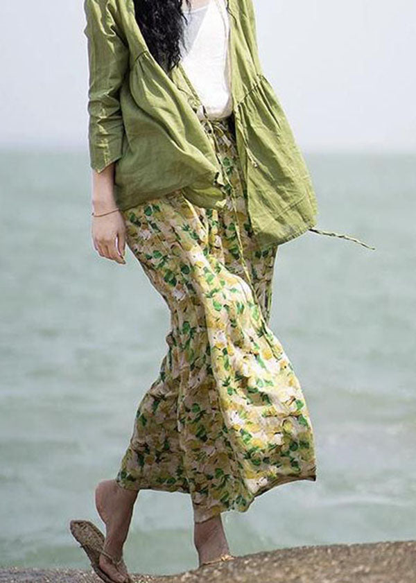 Loose Green Print Pockets Patchwork Cotton Wide Leg Pants Summer