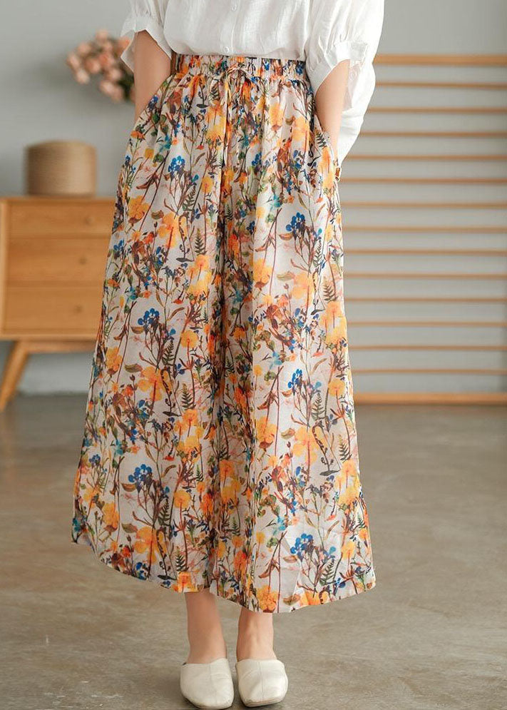 Loose Green Print Pockets Patchwork Cotton Wide Leg Pants Summer