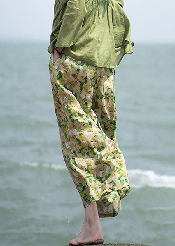 Loose Green Print Pockets Patchwork Cotton Wide Leg Pants Summer