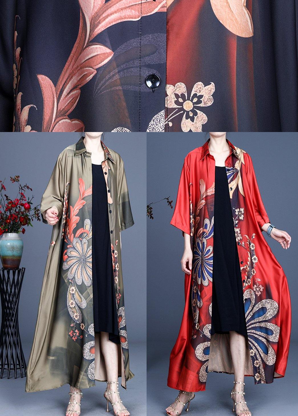 Loose Green Print Spring Long sleeve Long Loose Coat - Omychic