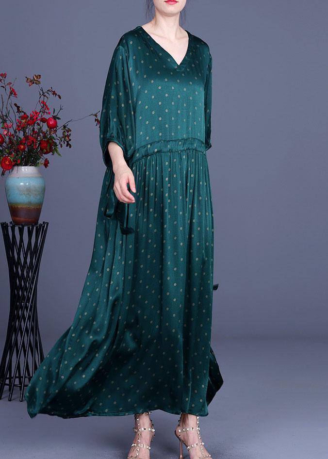 Loose Green Print Tie Waist Summer O-Neck Long Dress - Omychic