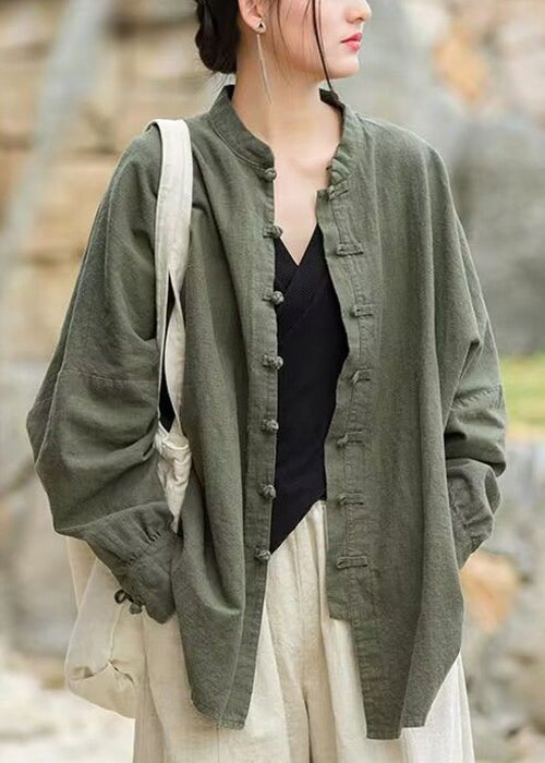 Loose Green Solid Button Cotton Coats Long Sleeve