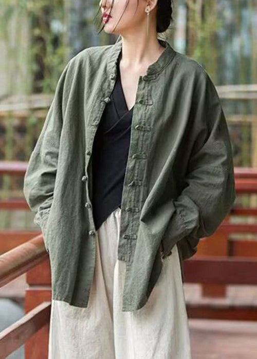 Loose Green Solid Button Cotton Coats Long Sleeve