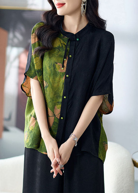 Loose Green Stand Collar Button Print Patchwork Silk Shirts Tops Summer