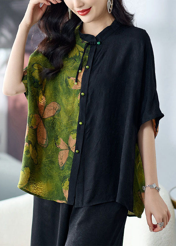 Loose Green Stand Collar Button Print Patchwork Silk Shirts Tops Summer