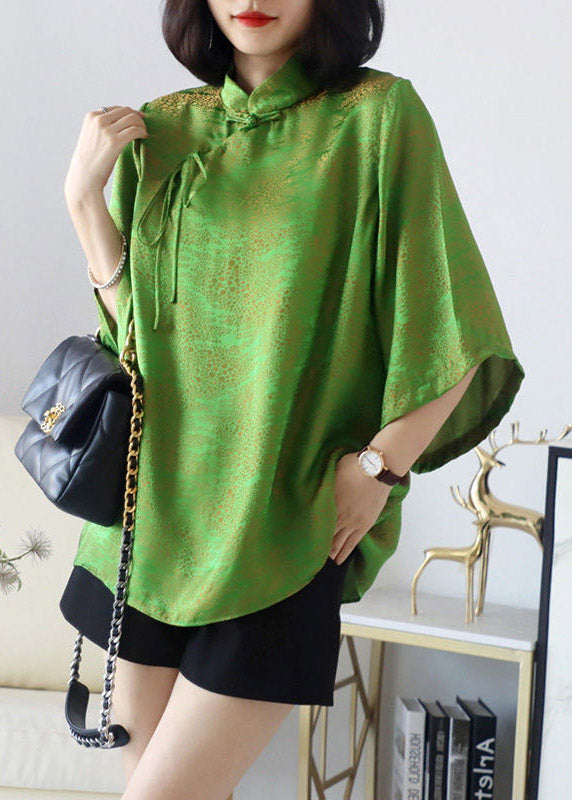 Loose Green Stand Collar Button Silk Tops Half Sleeve