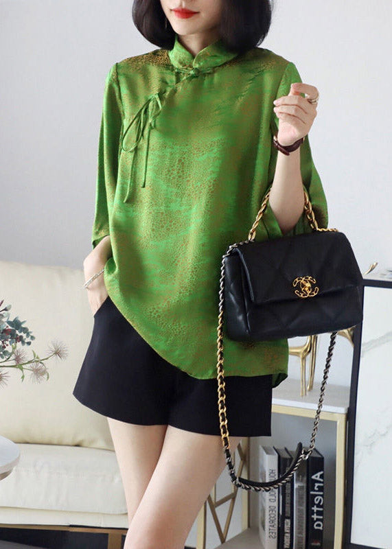 Loose Green Stand Collar Button Silk Tops Half Sleeve