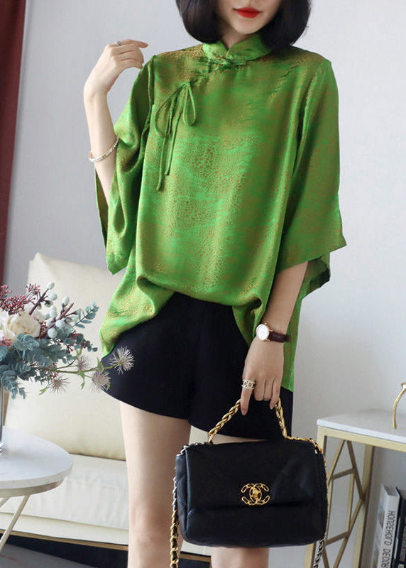 Loose Green Stand Collar Button Silk Tops Half Sleeve