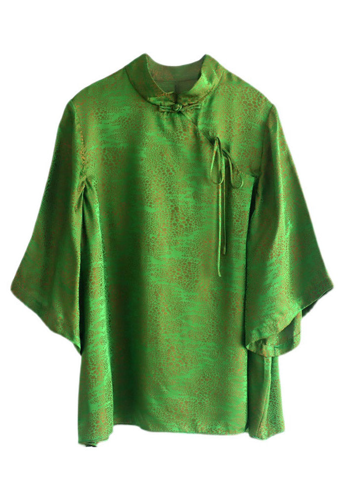 Loose Green Stand Collar Button Silk Tops Half Sleeve