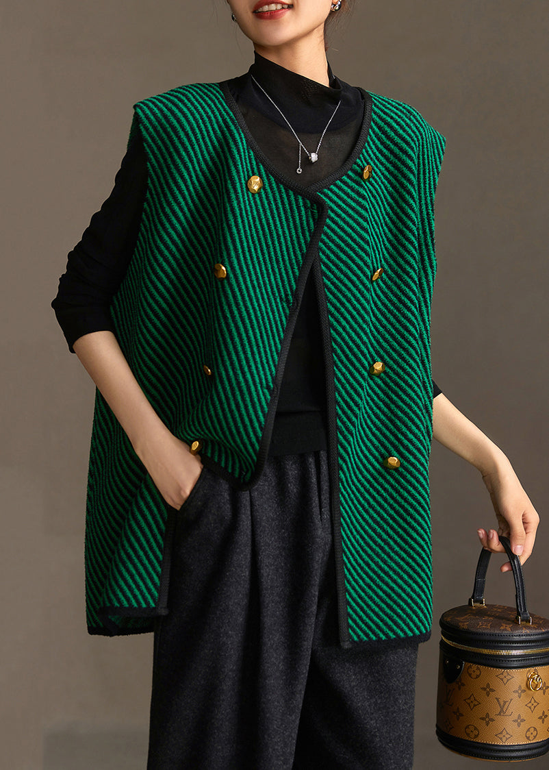 Loose Green Striped O Neck Button Knit Waistcoat Sleeveless