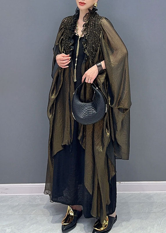 Loose Green V Neck Asymmetrical Ruffled Patchwork Wrinkled Long Dress Fall