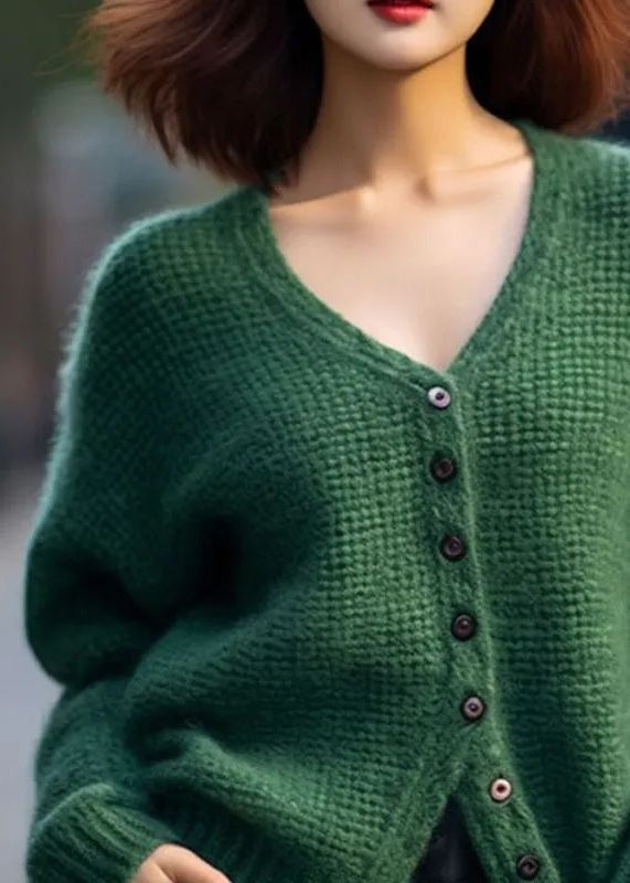 Loose Green V Neck Button Patchwork Cotton Knit Top Spring