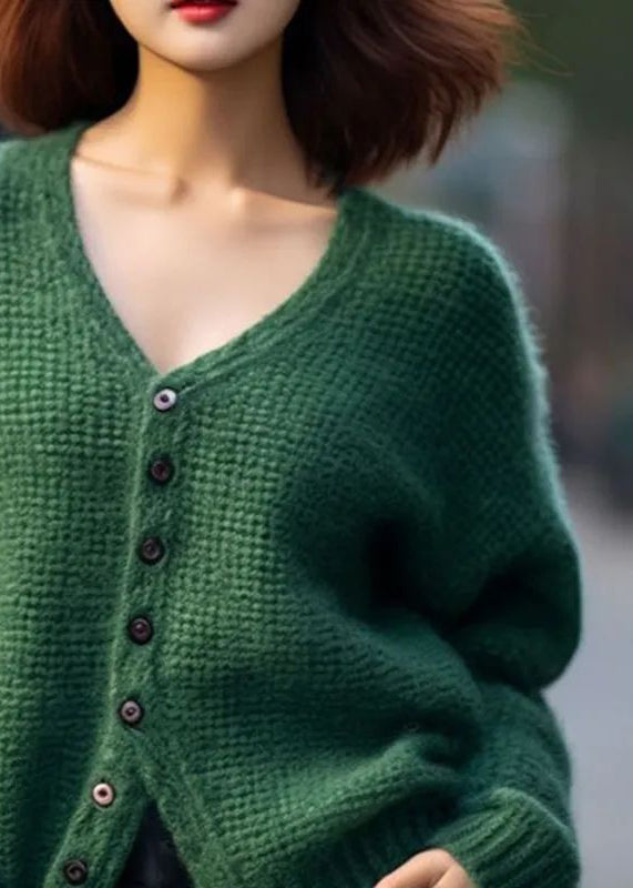 Loose Green V Neck Button Patchwork Cotton Knit Top Spring