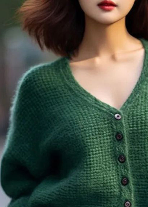 Loose Green V Neck Button Patchwork Cotton Knit Top Spring